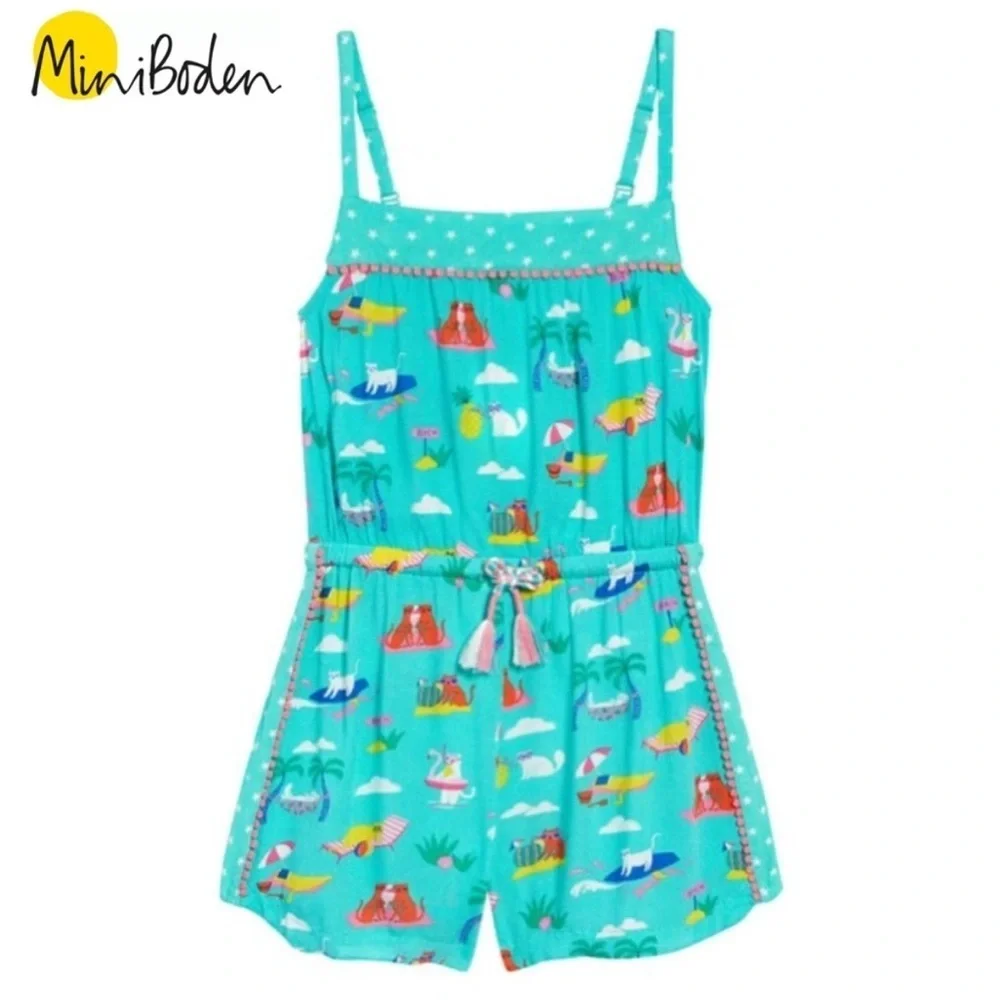 Mini Boden Girls' Turquoise Tassel Tie Printed Romper